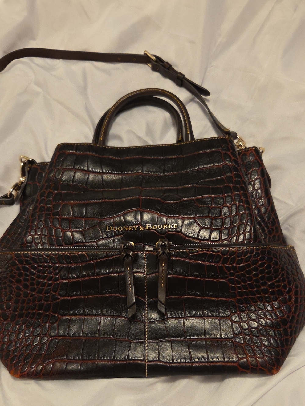Dooney & Bourke Dark Brown Croc-Embossed Leather Satchel with Gold Hardware